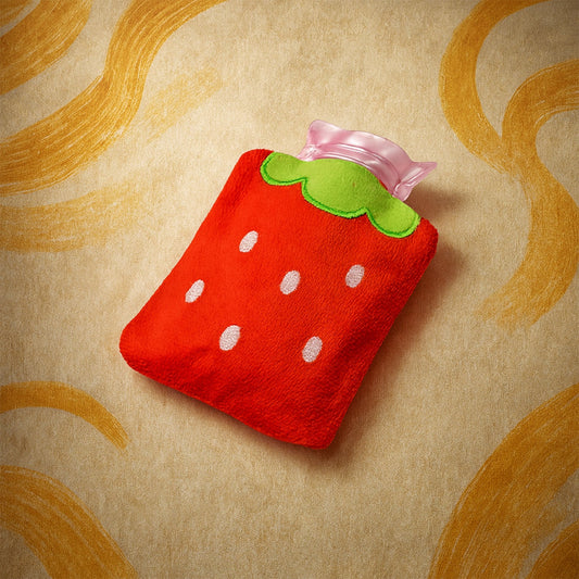 Cozy strawberry mini hot water bag designed for warmth and comfort in a vibrant red color