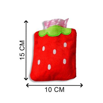 Strawberry mini hot water bag in red and green design for soothing warmth and comfort