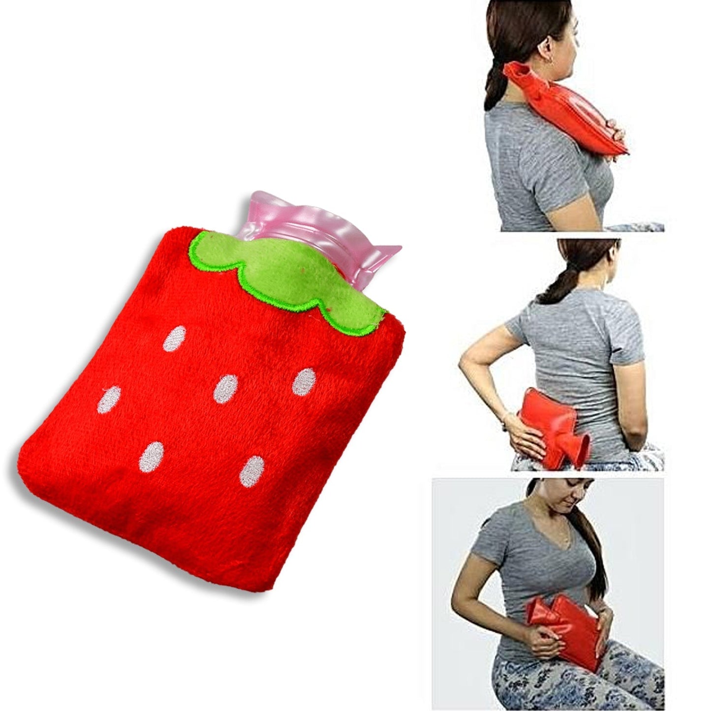 Strawberry mini hot water bag in red plush design for soothing warmth and comfort