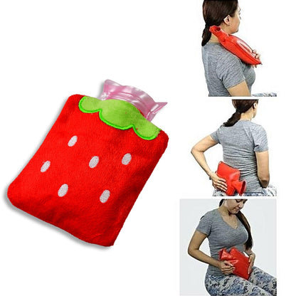 Strawberry mini hot water bag in red plush design for soothing warmth and comfort