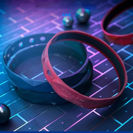 Colorful sugar control silicon band set on a neon-lit background, ideal for health monitoring