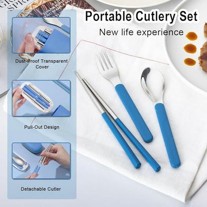 Travel cutlery set with blue handles including fork, spoon, chopsticks, and portable dust-proof transparent cover
