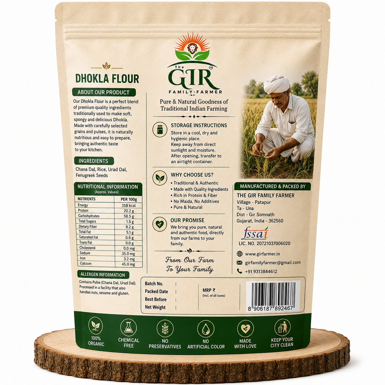 THE GIR FARMER Organic Idli & White Dhokla Flour packaging with nutritional information and storage tips