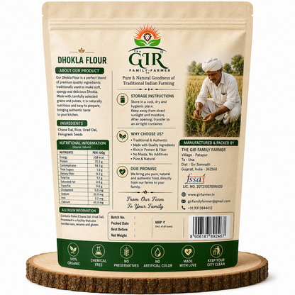 THE GIR FARMER Organic Idli & White Dhokla Flour packaging with nutritional information and storage tips