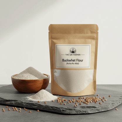 Natural buckwheat flour in a brown kraft bag, ideal for gluten-free baking and cooking