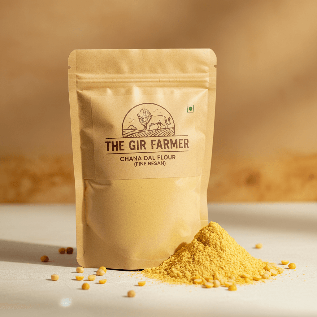 The Gir Farmer Chana Dal Flour in a resealable bag, finely milled, labeled as chickpea flour is besan.