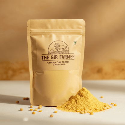 The Gir Farmer Chana Dal Flour in a resealable bag, finely milled, labeled as chickpea flour is besan.