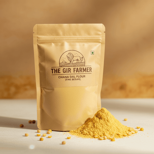The Gir Farmer Chana Dal Flour in a resealable bag, finely milled, labeled as chickpea flour is besan.