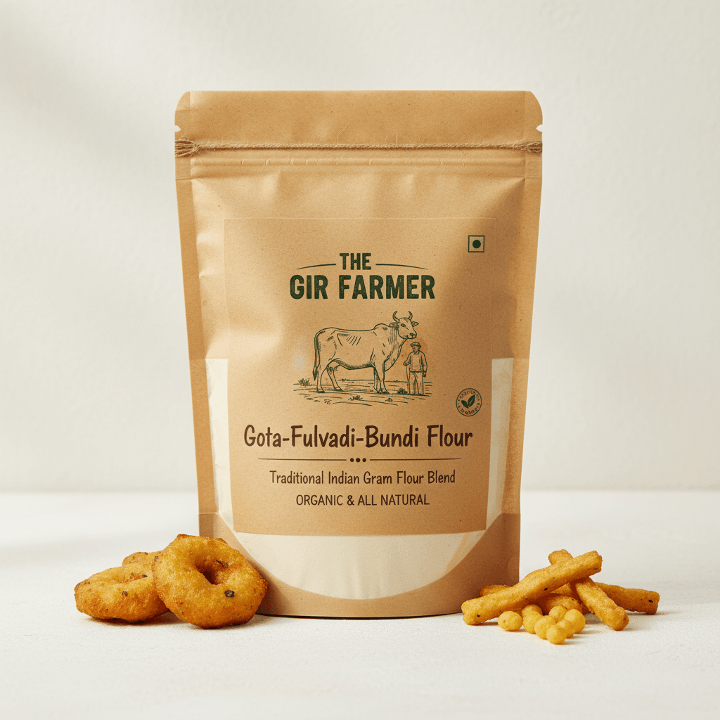 The Gir Farmer Gota-Fulwadi-Bundi Flour, an organic Indian gram flour blend, ideal for snacks. Chickpea flour is besan.