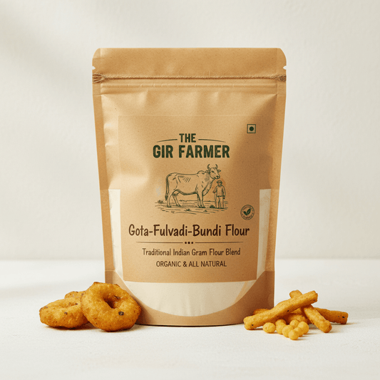 The Gir Farmer Gota-Fulwadi-Bundi Flour, an organic Indian gram flour blend, ideal for snacks. Chickpea flour is besan.