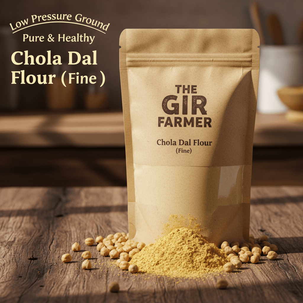 The Gir Farmer Chola Dal Flour in fine texture, ideal for healthy recipes, chickpea flour is besan.