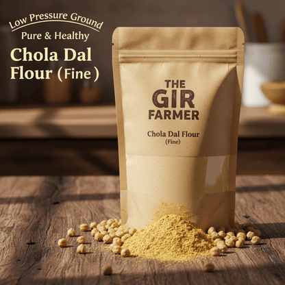 The Gir Farmer Chola Dal Flour in fine texture, ideal for healthy recipes, chickpea flour is besan.