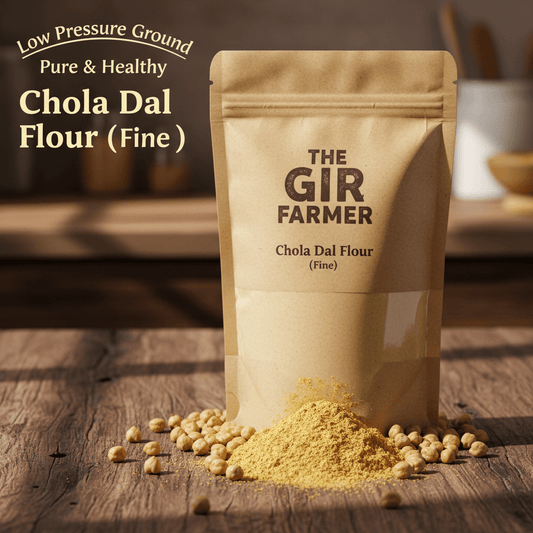 The Gir Farmer Chola Dal Flour in fine texture, ideal for healthy recipes, chickpea flour is besan.