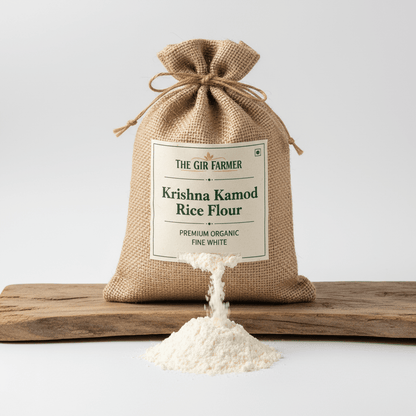 THE GIR FARMER Krishna Kamod Rice Flour in a burlap bag for premium organic cooking and baking