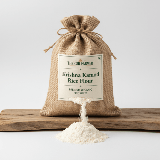 THE GIR FARMER Krishna Kamod Rice Flour in a burlap bag for premium organic cooking and baking
