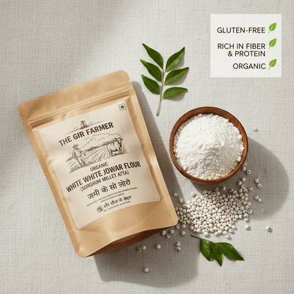 The Gir Farmer Organic White Jowar Flour in a brown pouch, gluten-free and ideal for healthy baking