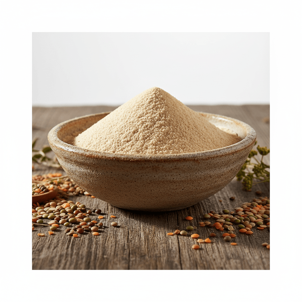 Organic gram flour in a bowl, perfect for making a gram flour dhokla recipe or various Indian dishes.