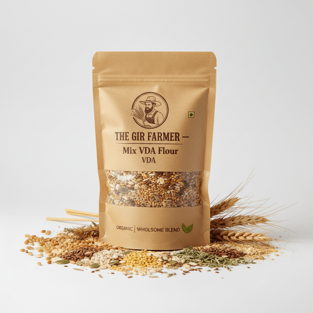 The Gir Farmer Mix VDA Flour pack showcasing a wholesome blend of grains, perfect for making Gujarati food snacks