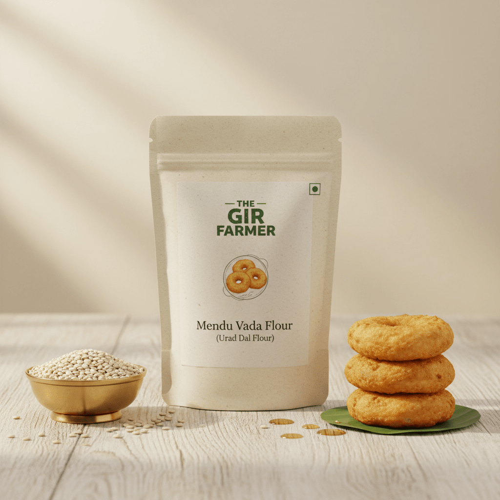 The Gir Farmer Medu Vada Flour package with crispy medu vada and urad dal for delicious snacks