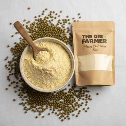 The Gir Farmer Moong Dal Flour Fine in a pouch beside a bowl of fine yellow flour with moong dal grains