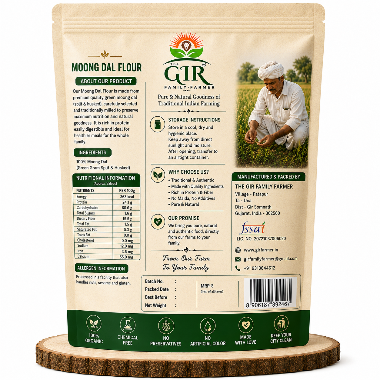 THE GIR FARMER Organic Moong Dal Flour in eco-friendly packaging, perfect for healthy cooking and baking.