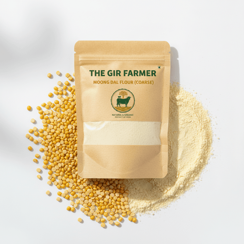 The Gir Farmer Organic Moong Dal Flour in coarse texture with yellow moong dal seeds on a white background