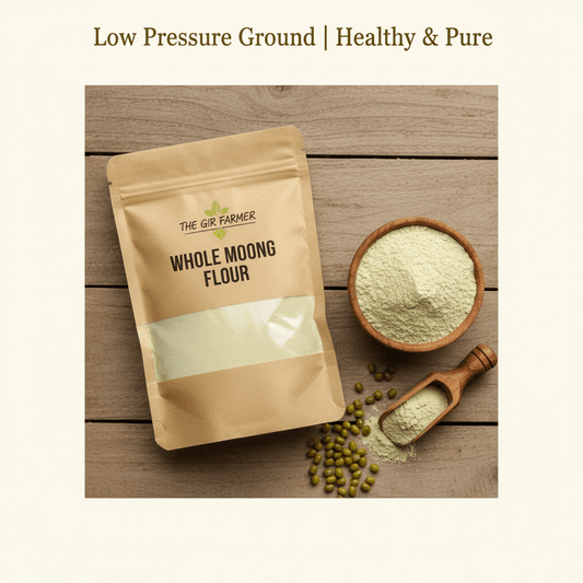 Whole moong flour from THE GIR FARMER in a pouch with a bowl and spoon for healthy cooking