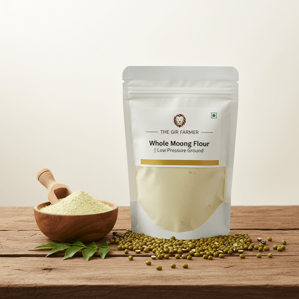 Whole Moong Flour by THE GIR FARMER in a resealable bag with a wooden bowl of flour