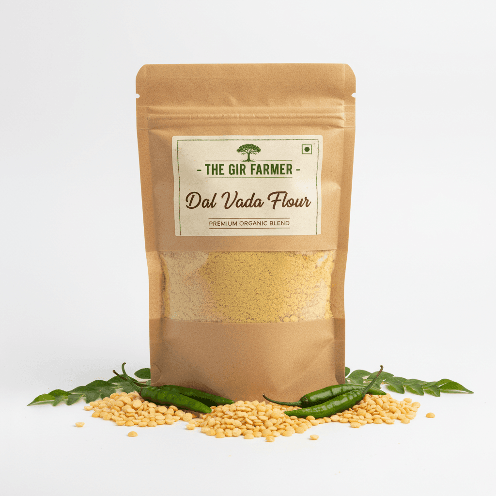 The Gir Farmer Organic Dal Vada Flour in a brown packaging with raw dal and green chilies for making crispy snacks