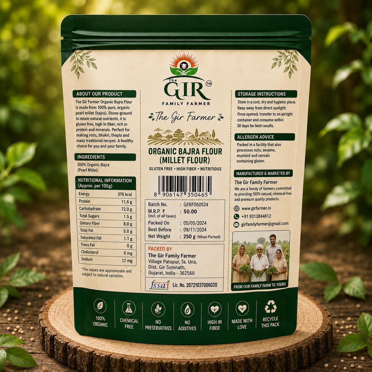 The Gir Farmer Organic Bajra Flour in a green package, perfect for gluten-free baking and cooking