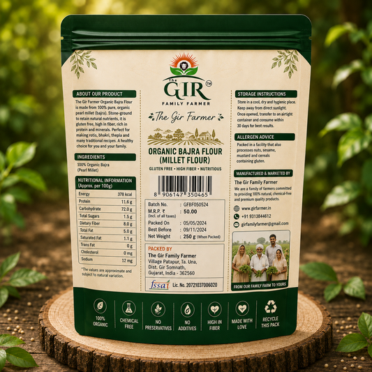 The Gir Farmer Organic Bajra Flour in a green package, perfect for gluten-free baking and cooking