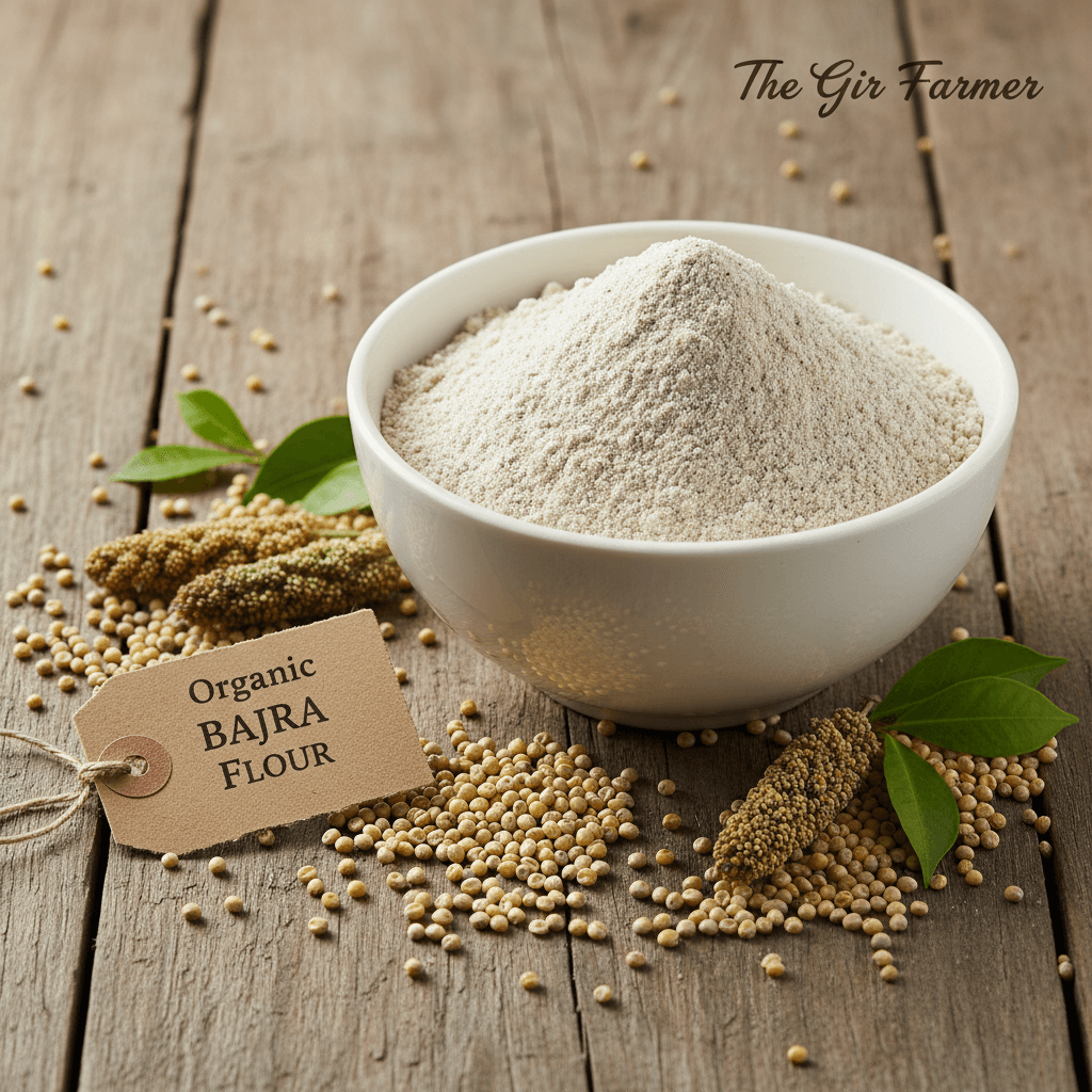 Organic Bajra Flour in a white bowl surrounded by whole grains and green leaves