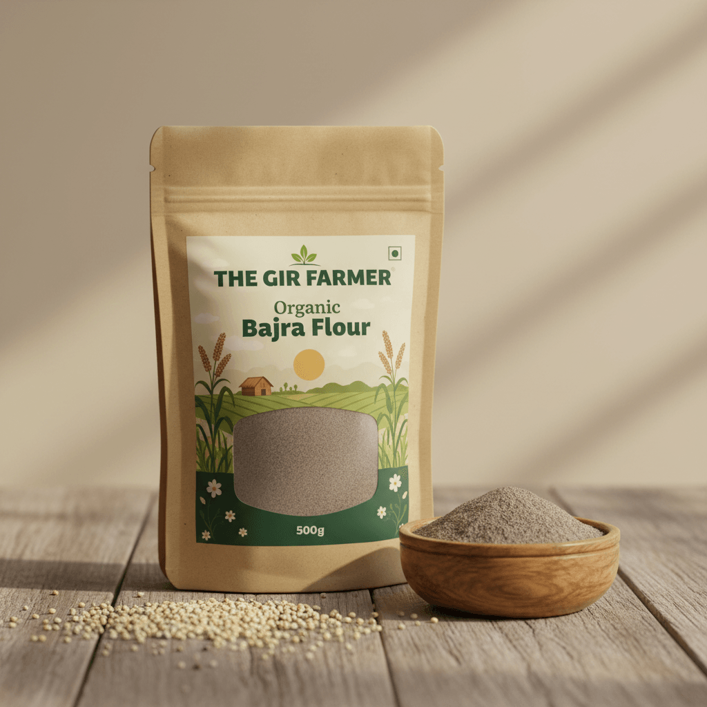THE GIR FARMER Organic Bajra Flour in a resealable pouch with a wooden bowl of flour