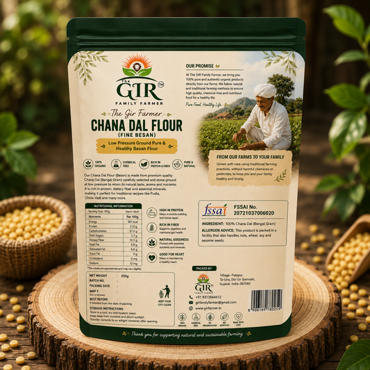THE GIR FARMER Organic Chana Dal Flour in a green packaging, ideal for healthy cooking and baking
