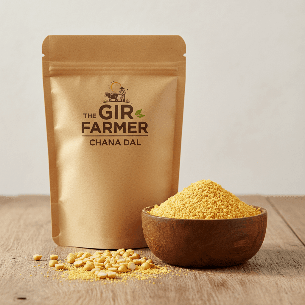 THE GIR FARMER Organic Chana Dal Flour in a brown pouch beside a bowl of yellow flour for cooking