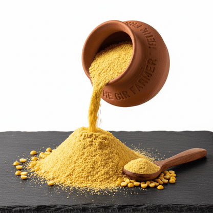 Organic Chana Dal Flour in a clay pot being poured, ideal for healthy cooking and baking