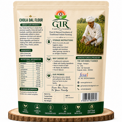 Organic Chola Dal Flour in a resealable package, ideal for nutritious cooking and baking