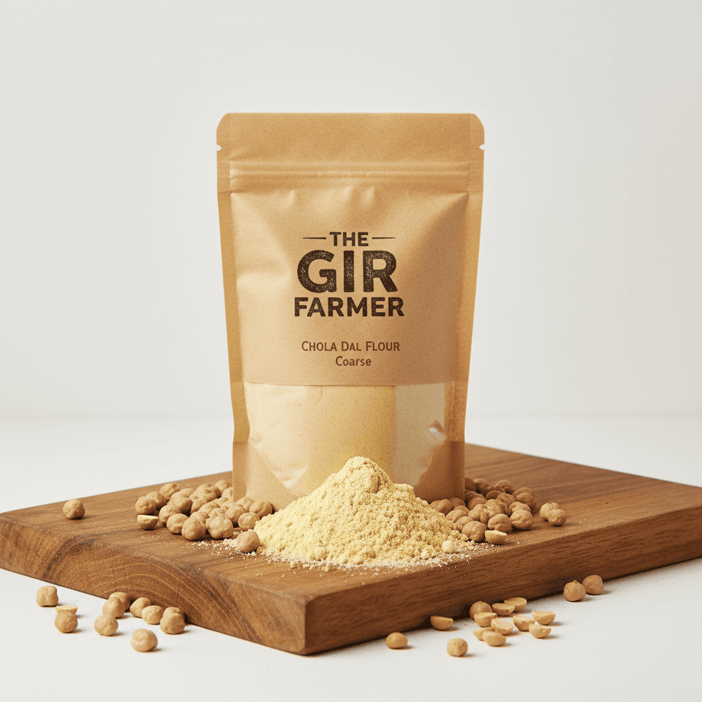 The Gir Farmer Organic Chola Dal Flour in coarse texture, ideal for healthy cooking and baking