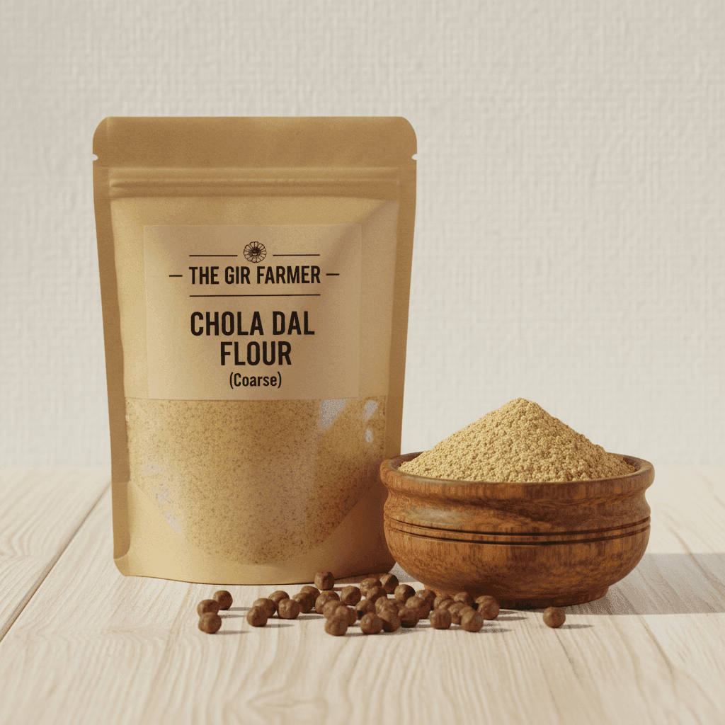 Brown bag of Organic Chola Dal Flour with coarse texture next to a bowl of flour and whole chola dal