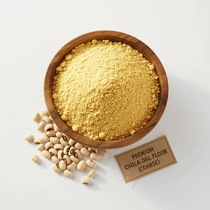Organic Chola Dal Flour in a wooden bowl with a coarse texture, ideal for healthy cooking