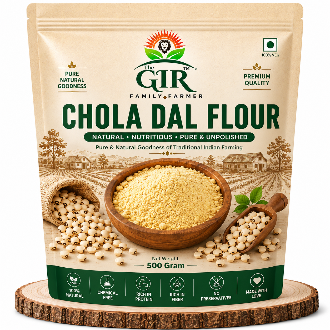 500g packet of Organic Chola Dal Flour from THE GIR FARMER, ideal for making nutritious dishes and snacks