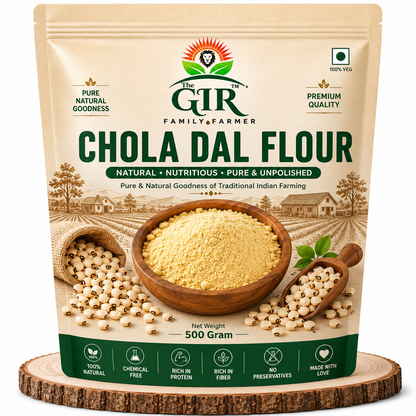 500g packet of Organic Chola Dal Flour from THE GIR FARMER, ideal for making nutritious dishes and snacks