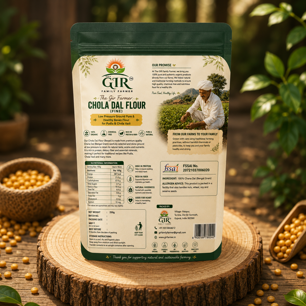 THE GIR FARMER Organic Chola Dal Flour in a resealable package, perfect for healthy cooking and baking