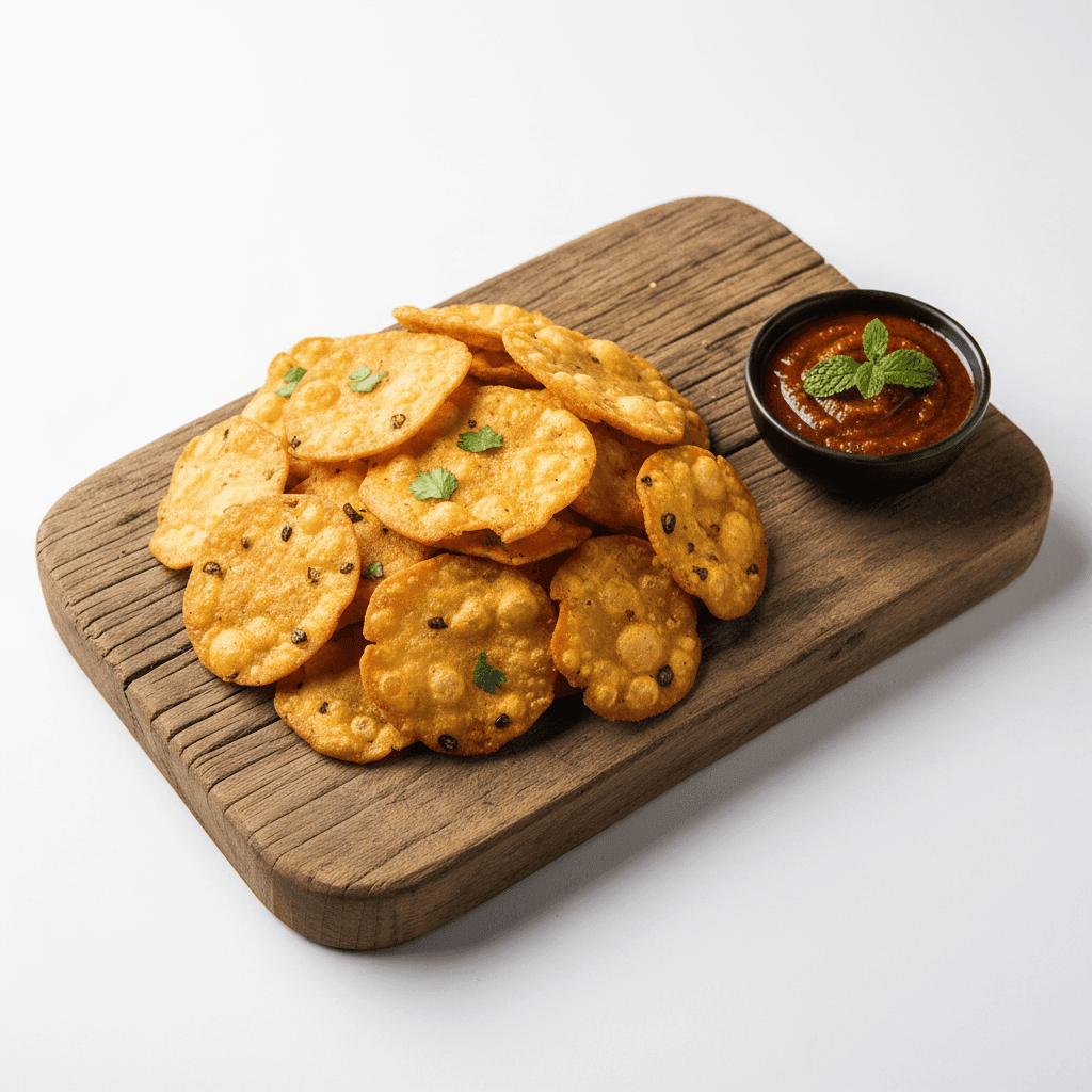Crispy snack made with Organic Chorafali Flour served with tangy tamarind chutney on a wooden platter