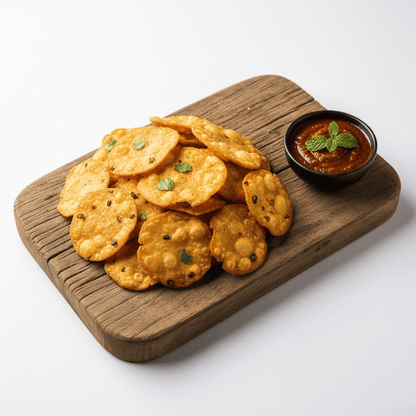Crispy snack made with Organic Chorafali Flour served with tangy tamarind chutney on a wooden platter