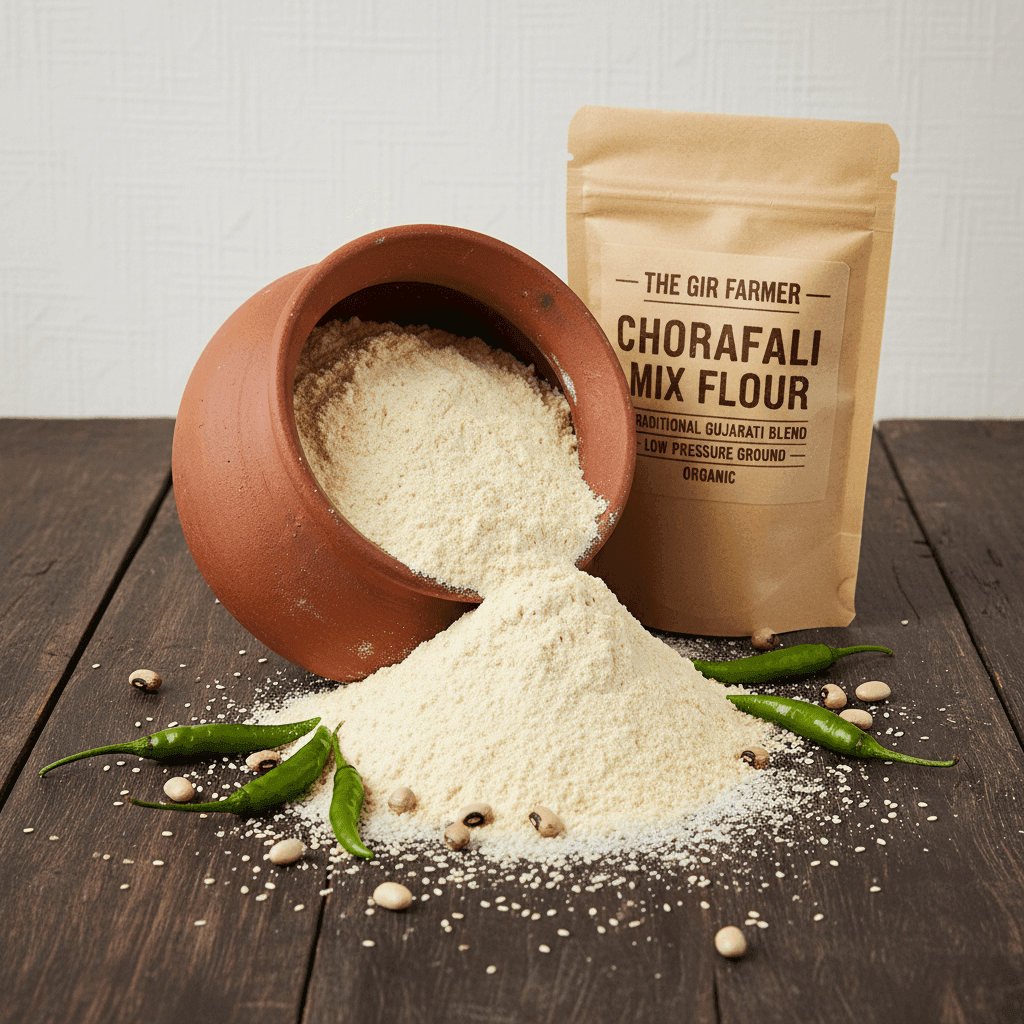 Organic Chorafali Flour in a brown bag next to a clay pot, ideal for making traditional dishes