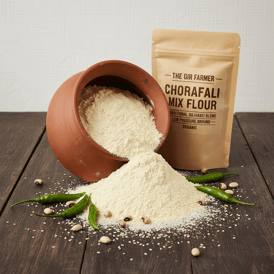 Organic Chorafali Flour in a brown bag next to a clay pot, ideal for making traditional dishes