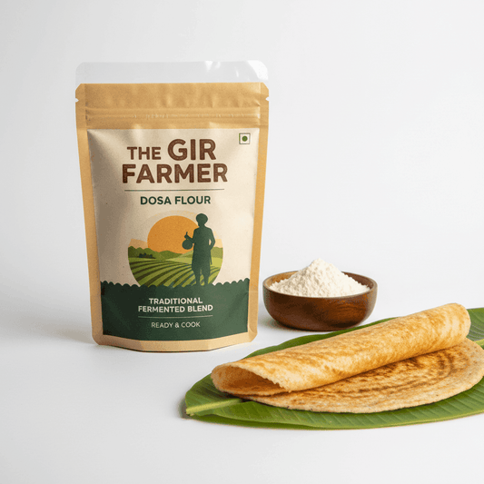The Gir Farmer Organic Dosa Flour in a brown pouch with traditional dosa and bowl of flour, perfect for making dosas