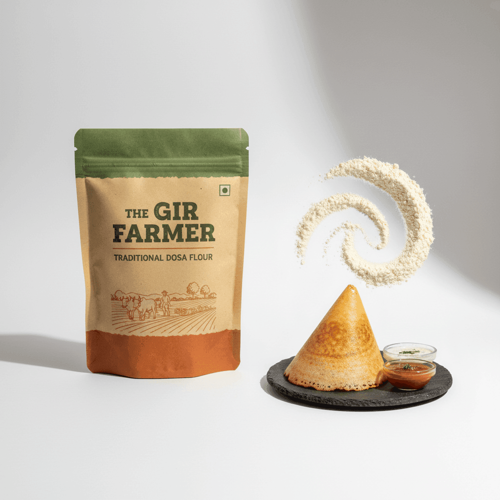 Organic Dosa Flour from The Gir Farmer in a brown bag with a crispy dosa served with chutney