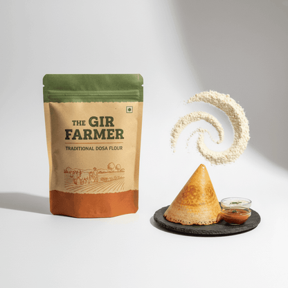 Organic Dosa Flour from The Gir Farmer in a brown bag with a crispy dosa served with chutney